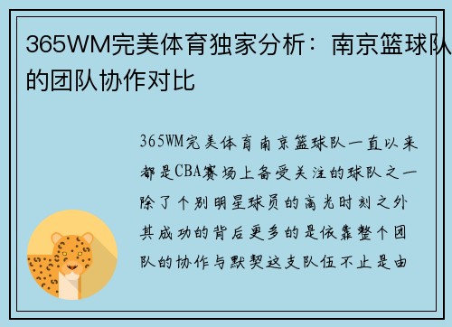365WM完美体育独家分析：南京篮球队的团队协作对比