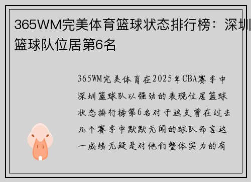 365WM完美体育篮球状态排行榜：深圳篮球队位居第6名