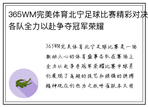 365WM完美体育北宁足球比赛精彩对决各队全力以赴争夺冠军荣耀